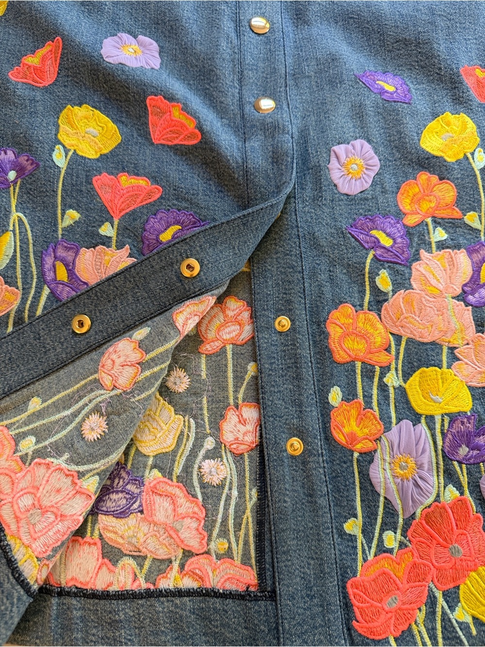 Alice + Olivia Black Denim A-Line Skirt with Multicolor Floral Embroidery - Picture 8 of 10